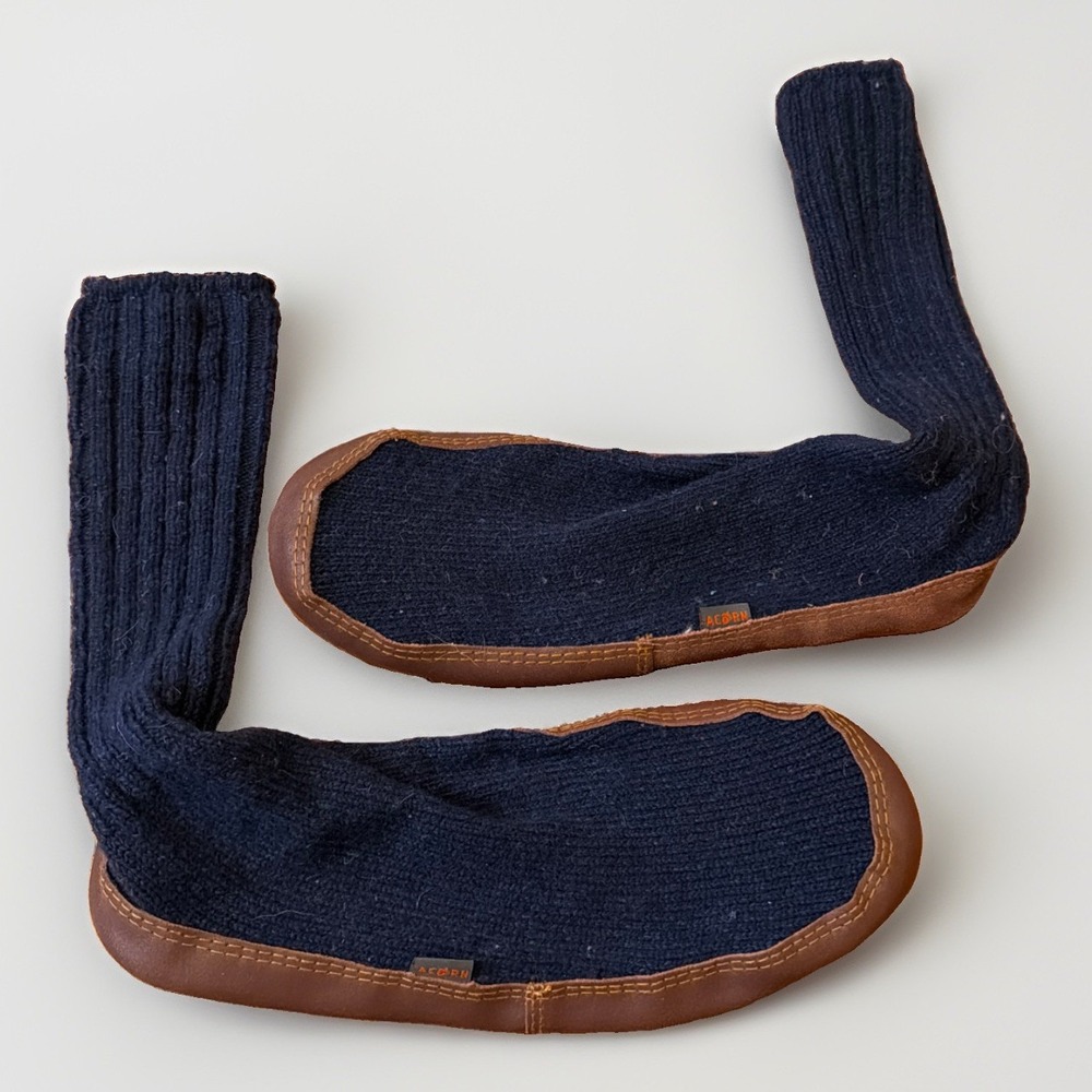 Acorn Slippers Men's Size 12-13 Navy Knit Brown Accents Pull On